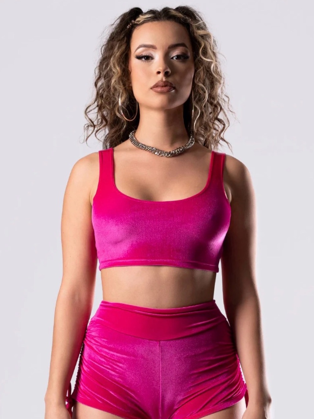 Velvet Scoop Crop Top in Hot Pink